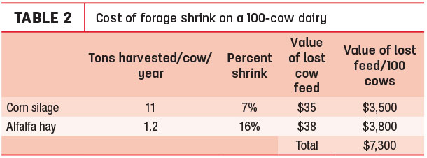 cost of forage shrink on a 100-cow dairy