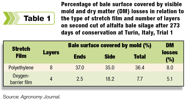 Percentage of bale surface covered by visible mold and dry matter