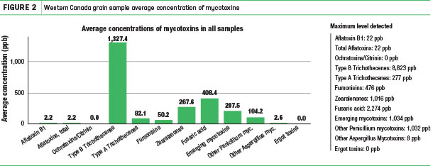 western Canada grain sample average concentration of mycotoxins