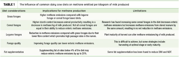 The influence of common dairy cow diets on methane emitted per kilogram of milk produced